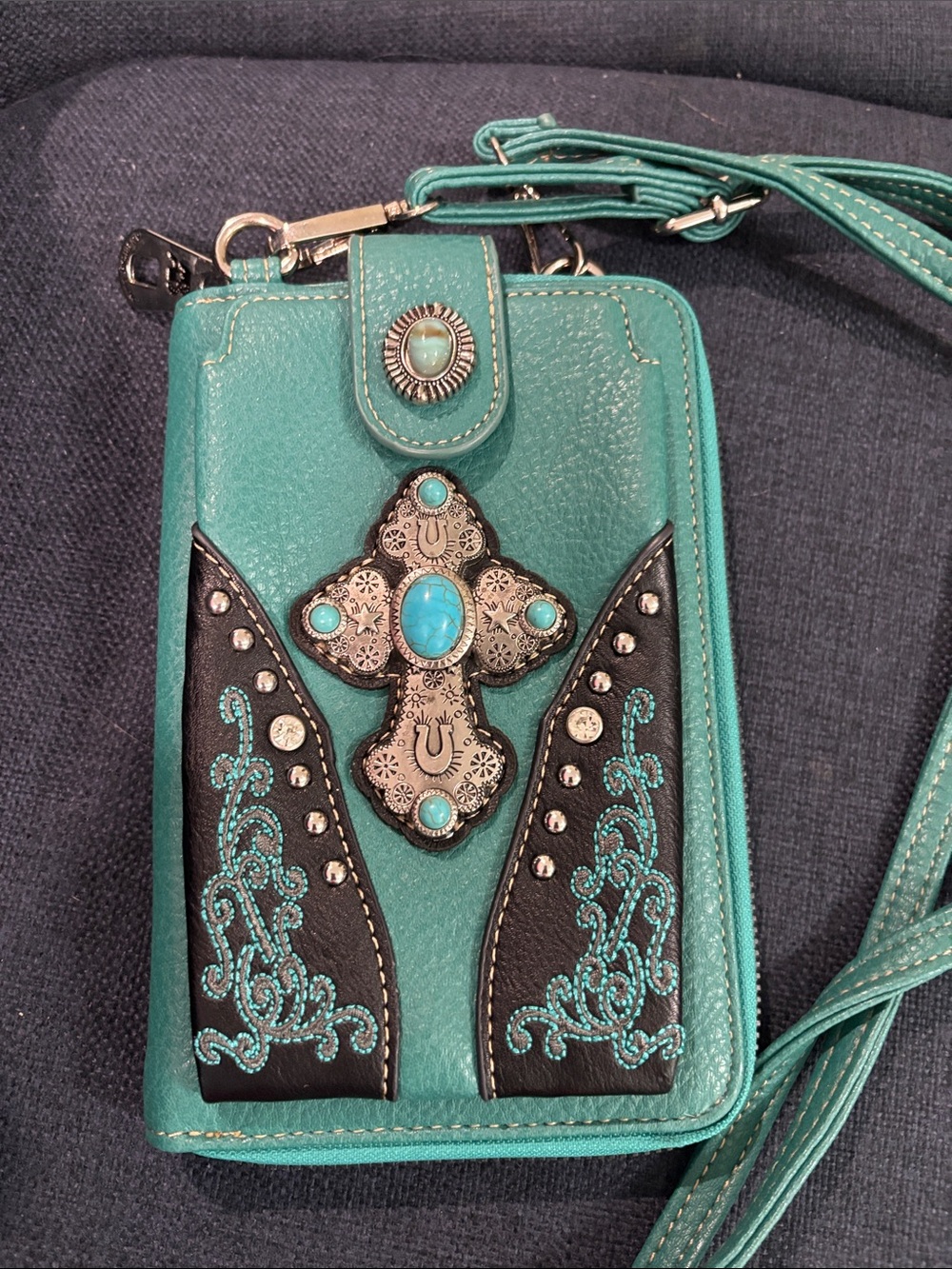 American Bling Turquoise Cross Accent Crossbody Wallet